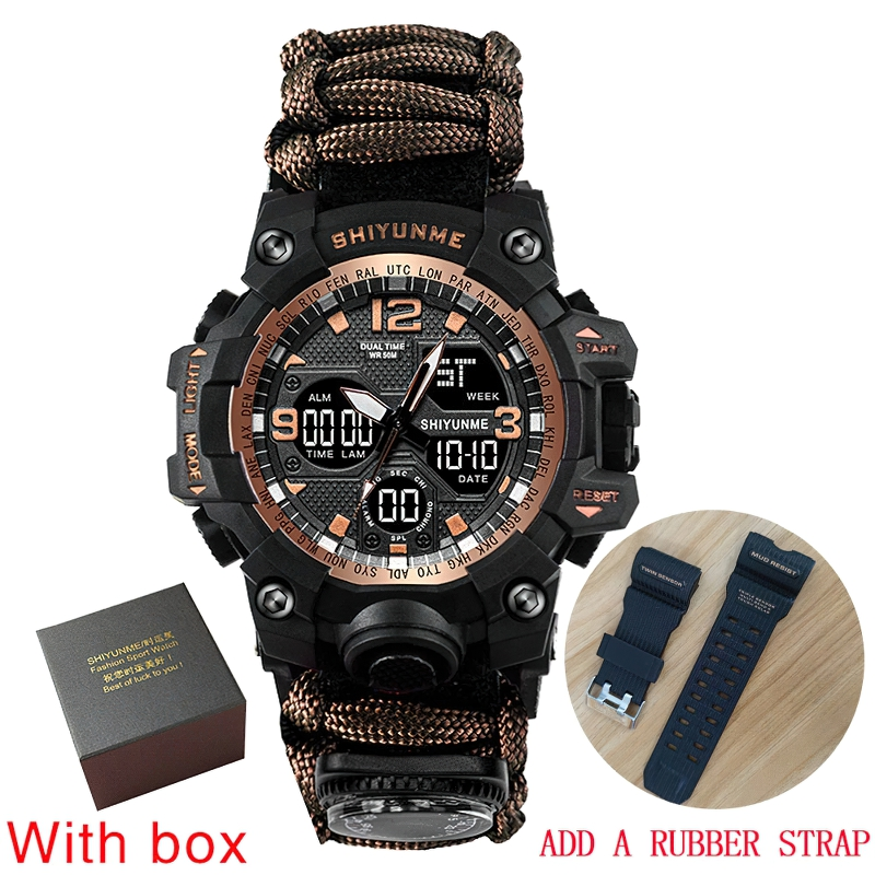 Men's military waterproof digital watch with compass in a casual style, displayed with box and additional rubber strap.