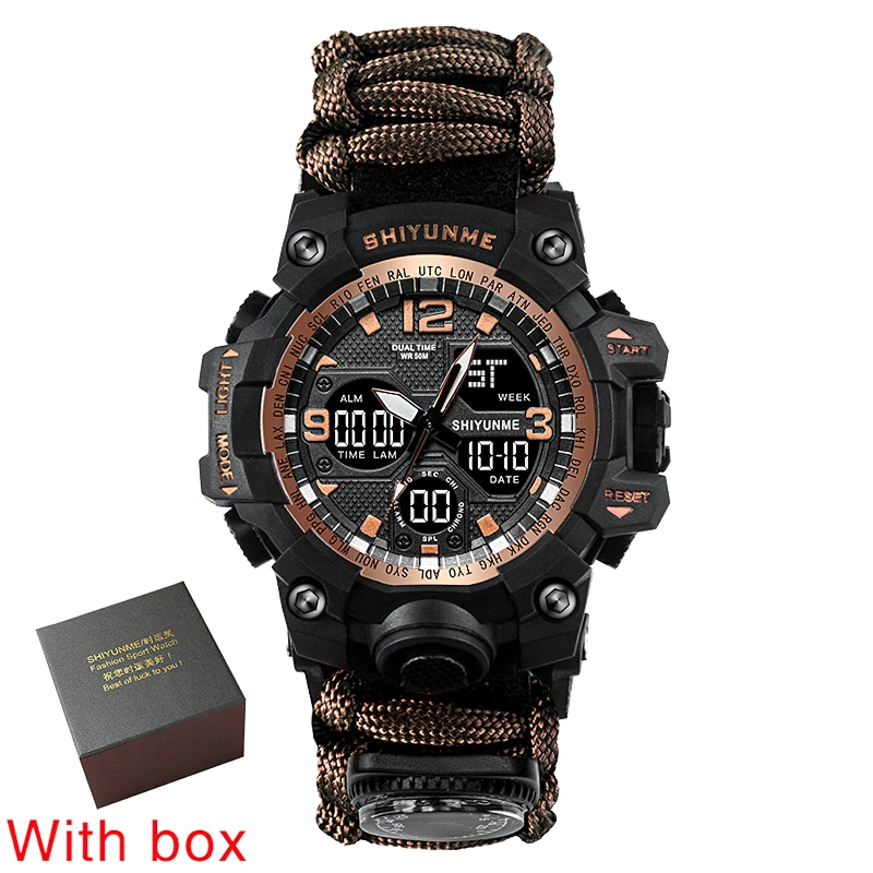 Men's waterproof digital watch with compass, casual outdoor survival accessory, stylishly packaged in a box.