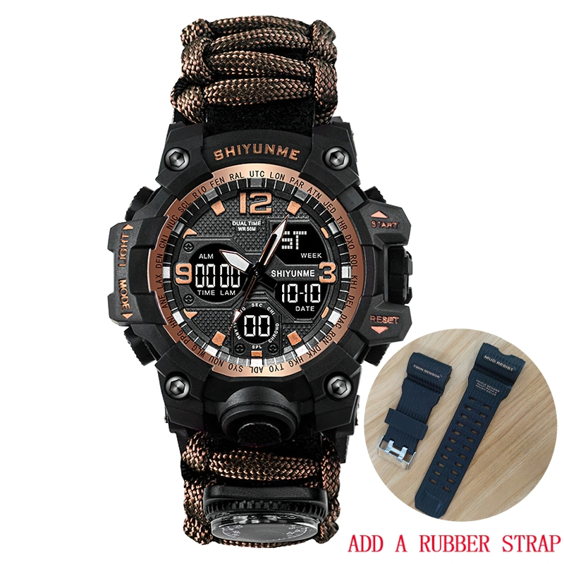 Military waterproof digital watch for men with compass, showcasing a rugged style and durability for outdoor survival.