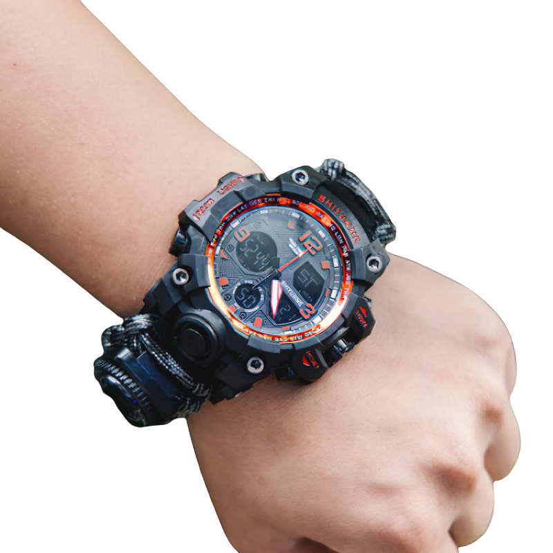 Military waterproof digital watch on wrist, perfect for outdoor survival with compass feature.