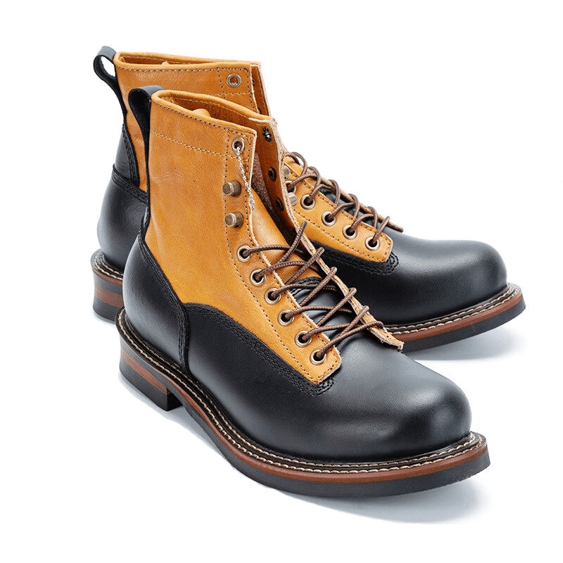 Men's mixed-color retro lace-up motorcycle short boots, featuring black and tan leather design.