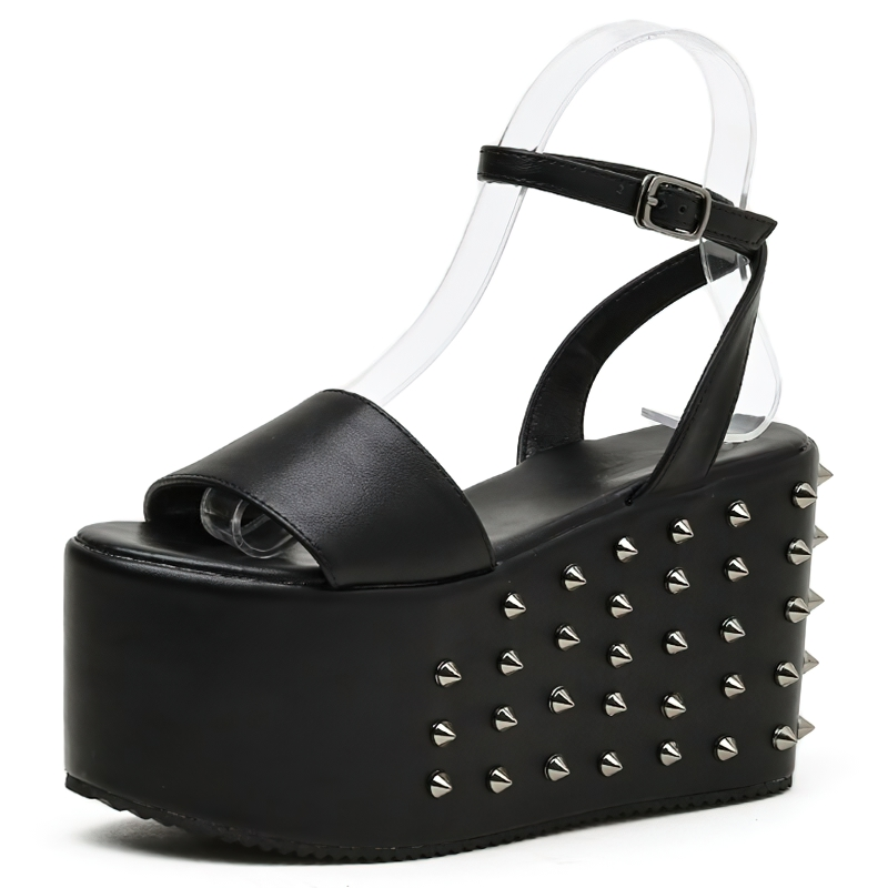 Modern Women's Sandals Thick Platform with Metal Rivet / Gothic Black Shoes for Summer - HARD'N'HEAVY