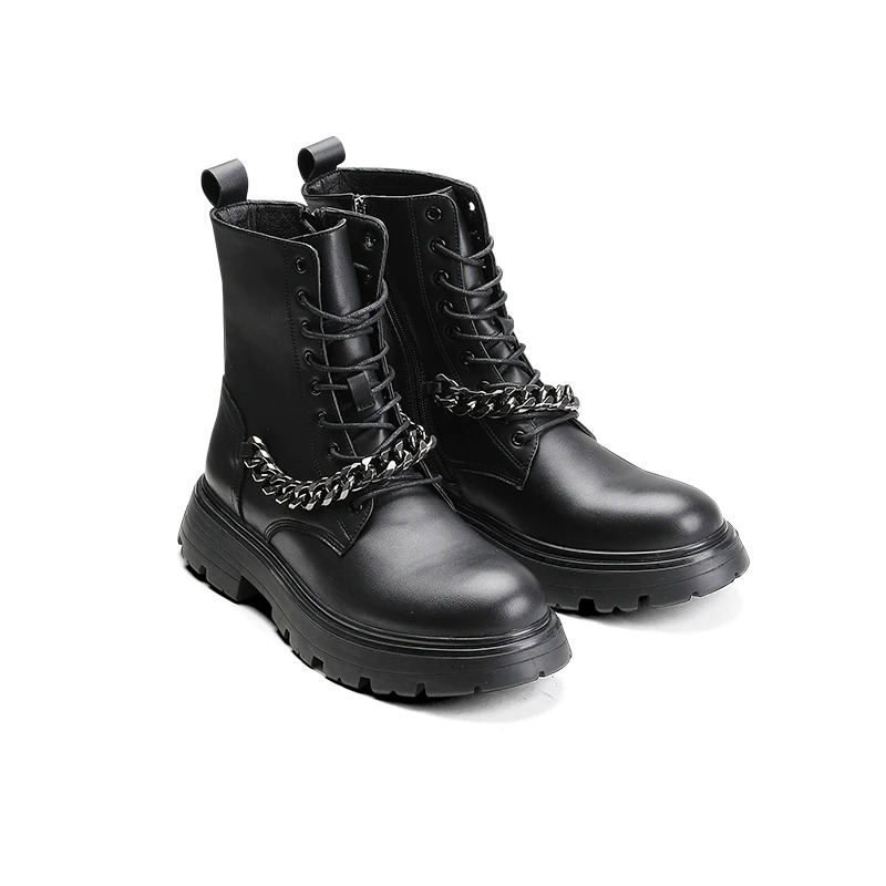 Men's black motorcycle boots with metal chain, thick soles, and lace-up design for a stylish punk look.