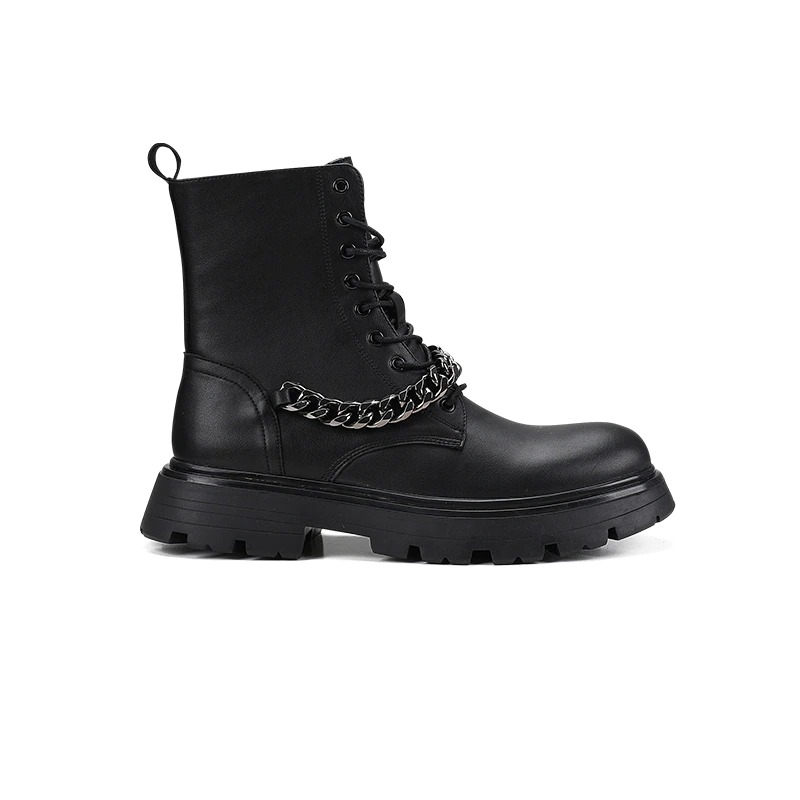 Men's black motorcycle boots with metal chain, thick sole, and lace-up design for a punk fashion statement.