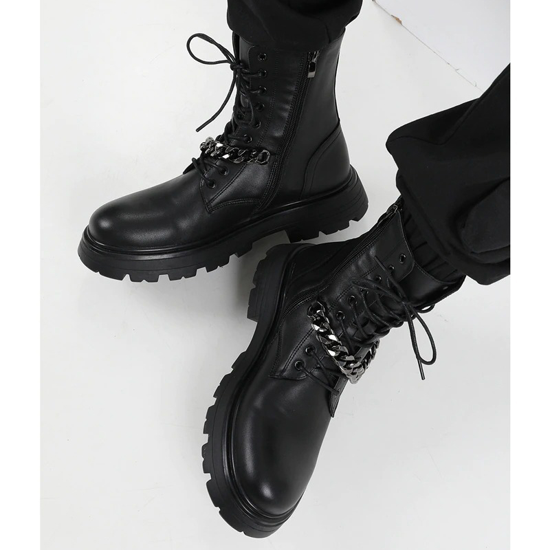 Men's motorcycle boots with metal chain, thick soles, and stylish lace-up design.