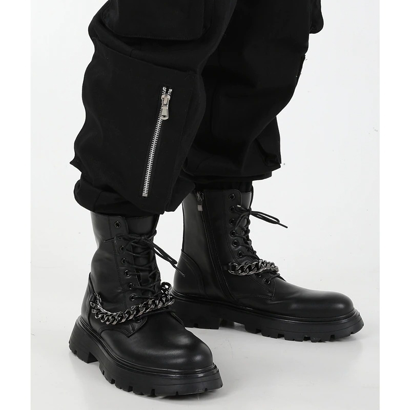 Mortocycle Boots with Metal Chain / Punk Men's Thick-soled Boots / Fashion Lace up Shoes - HARD'N'HEAVY