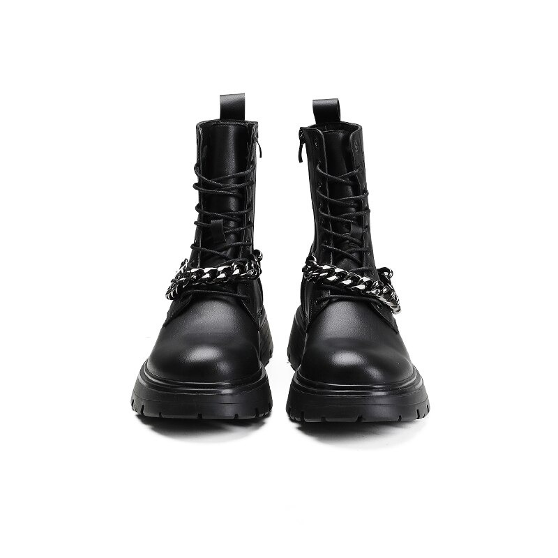 Men's motorcycle boots with metal chain, lace-up, thick-soled, stylish black leather shoes for a punk look.