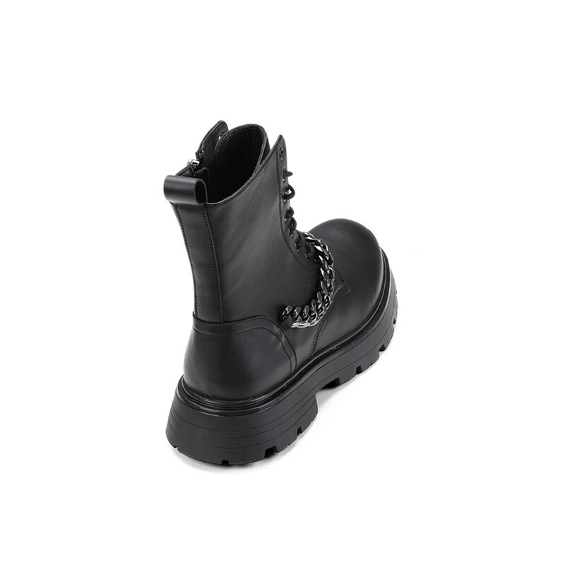 Men's motorcycle boots featuring a thick sole and stylish silver chain detail on the side.