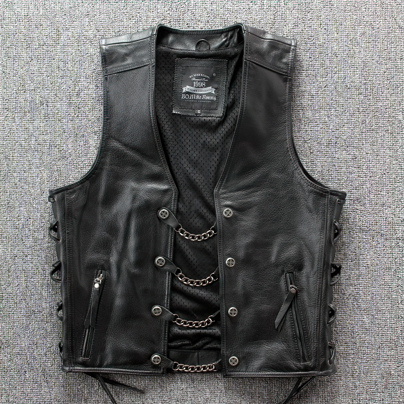 Moto Biker Leather Men's Vest / Solid Black Sleeveless Punk Vest Coat - HARD'N'HEAVY