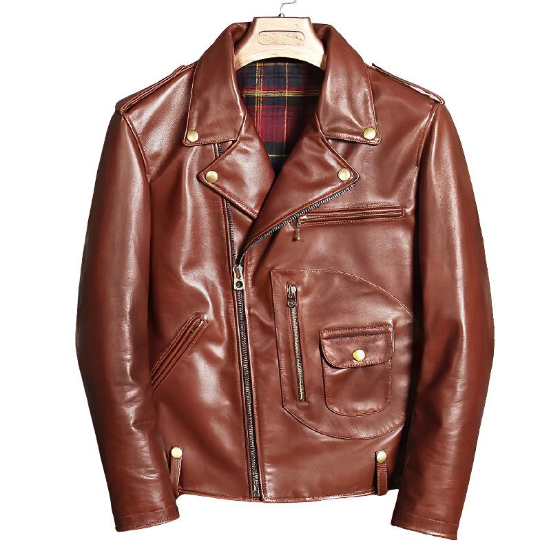Brown leather biker jacket with multiple pockets and metal buttons, perfect for rock style and classic looks.