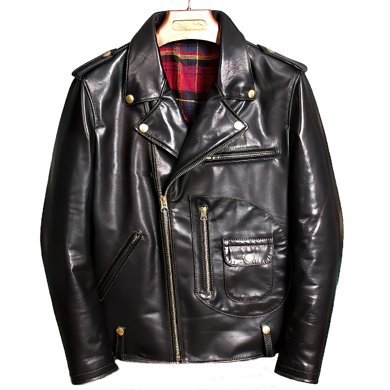 Black leather biker jacket for men with multiple pockets and metal buttons, perfect for rock style.