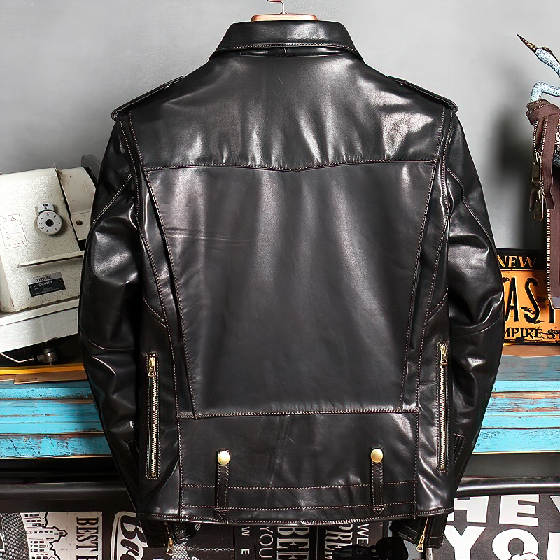 Stylish black leather men's biker jacket, classic design with metal buttons and convenient pockets.