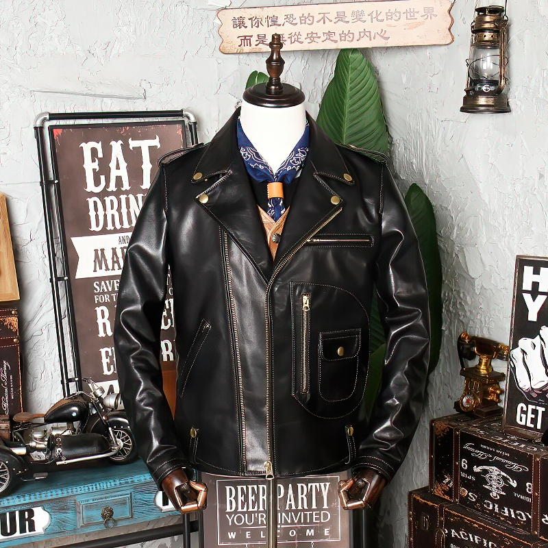 Classic black leather men's biker jacket featuring multiple pockets and stylish metal buttons.
