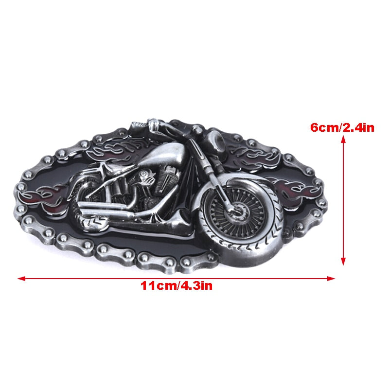 Stylish motorcycle and flame metal belt buckle, perfect biker accessory in silver, measuring 11cm x 6cm.