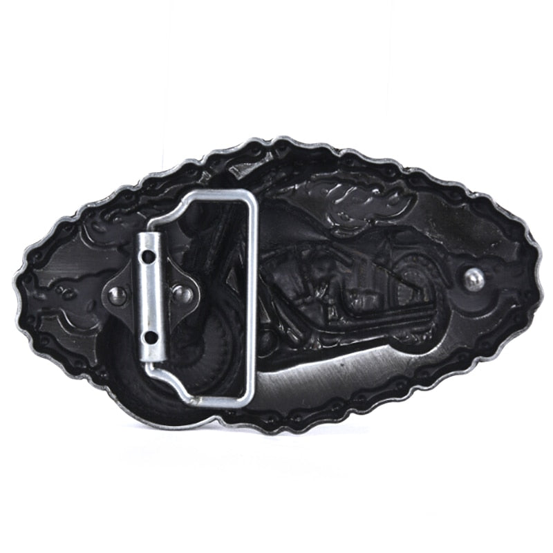 Round metal bicycle belt buckle featuring a detailed motorcycle design, perfect for bikers and as a stylish accessory.