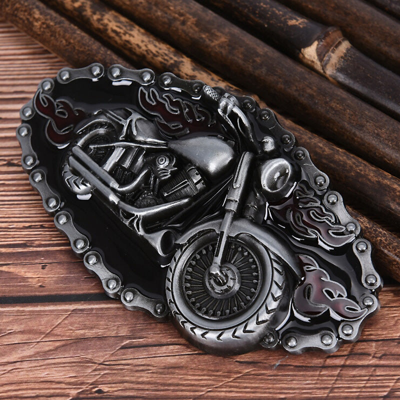 Metal motorcycle and flame belt buckle in biker style, perfect for adding rugged charm to your outfit.