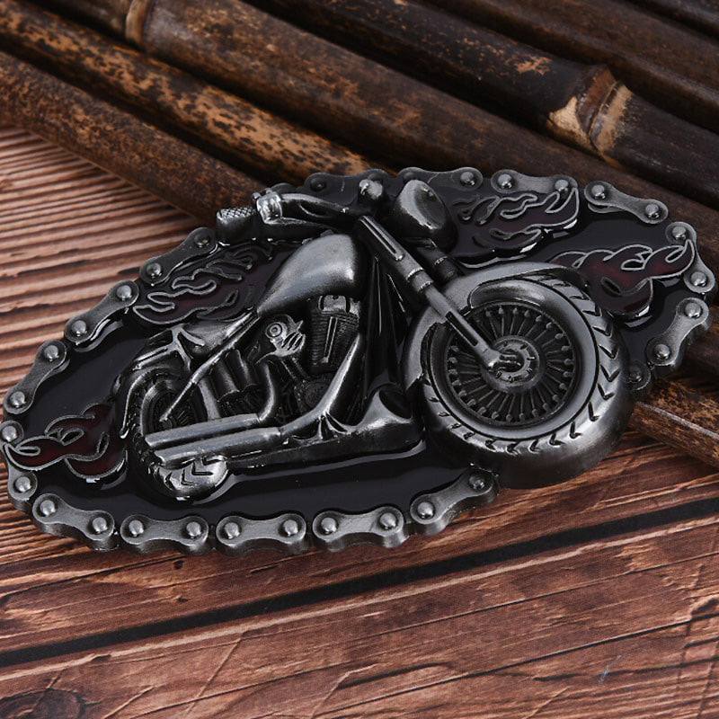 Biker style metal belt buckle featuring a detailed motorcycle design with flames, perfect for motorcycle enthusiasts.