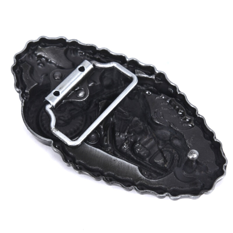 Metal biker style belt buckle featuring a detailed motorcycle design, perfect accessory for motorcycle enthusiasts.
