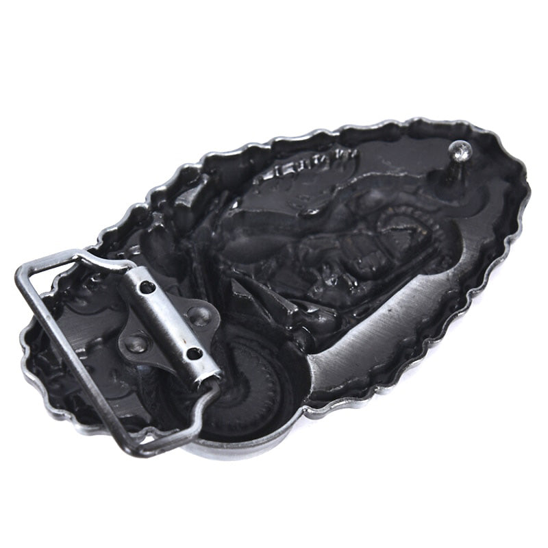 Metal biker belt buckle featuring a detailed motorcycle design in silver, perfect for adding style to any outfit.