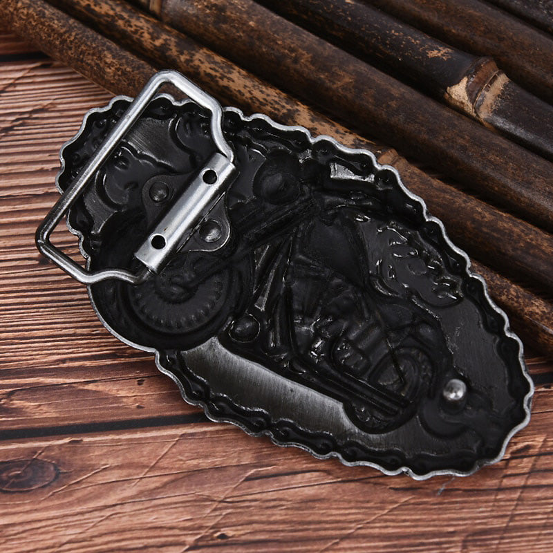 Biker style metal belt buckle featuring detailed motorcycle design, perfect accessory for motorcycle enthusiasts.