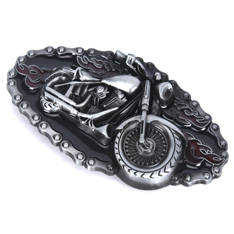 Silver motorcycle belt buckle with flame design, perfect biker accessory for stylish looks and gifting.