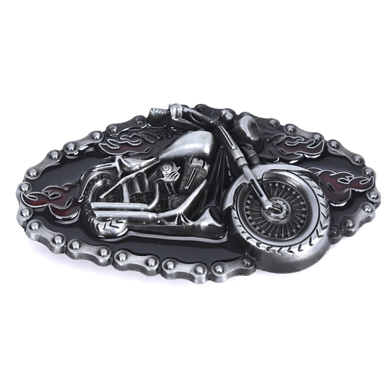 Silver motorcycle and flame belt buckle, a stylish biker accessory with a detailed design for motorbike enthusiasts.