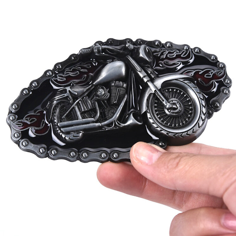 Biker-style metal belt buckle featuring a detailed motorcycle design with flames, perfect for motorcycle enthusiasts.