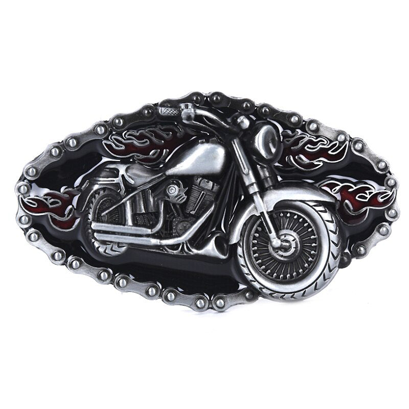 Metal belt buckle featuring a detailed motorcycle and flames in biker style, perfect for any motorcycle enthusiast.
