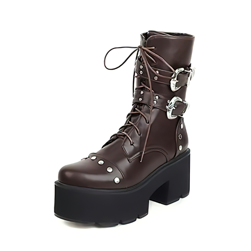 Motorcycle Ankle Boots for Women / High Platform Shoes with Cool Round Toe and Many Rivets - HARD'N'HEAVY