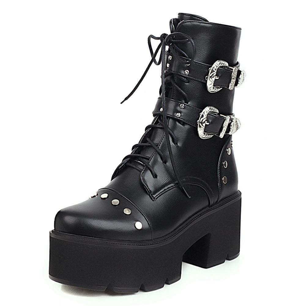 Motorcycle Ankle Boots for Women / High Platform Shoes with Cool Round Toe and Many Rivets - HARD'N'HEAVY