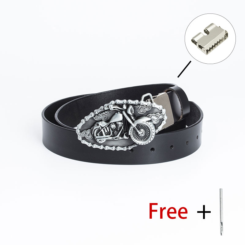 Motorcycle belt buckle on black PU leather belt, featuring a stylish biker design, perfect for alternative fashion lovers.