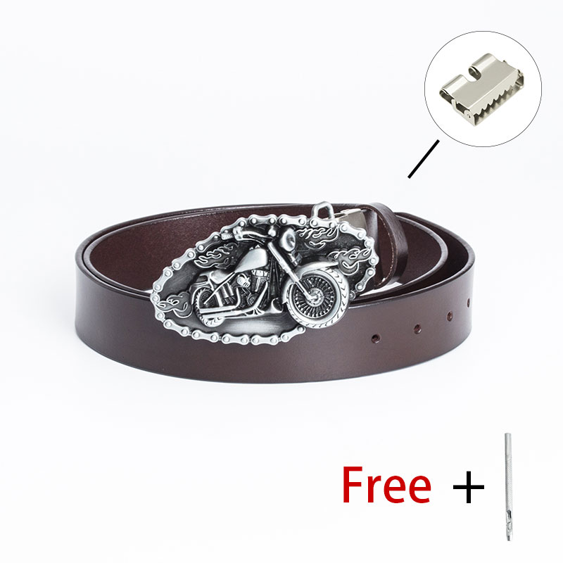 Brown PU leather belt with a motorcycle-shaped buckle, perfect for biker fashion enthusiasts.