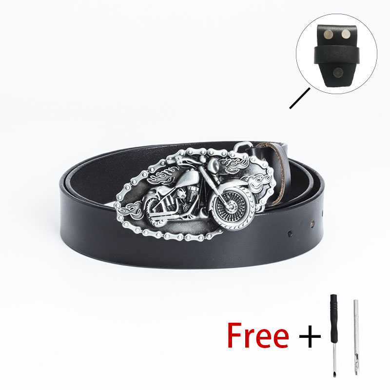 Unisex motorcycle belt buckle made of PU leather, featuring a classic biker design with free tools included.