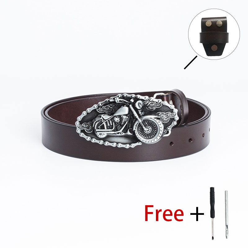 Brown PU leather belt with motorcycle buckle, perfect for unisex biker fashion and alternative style accessories.