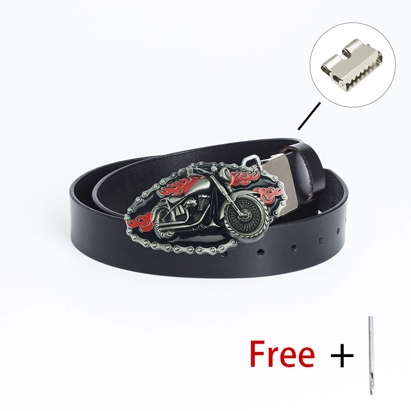Motorcycle belt buckle with a detailed motorcycle design on a black PU leather belt, ideal for biker fashion.