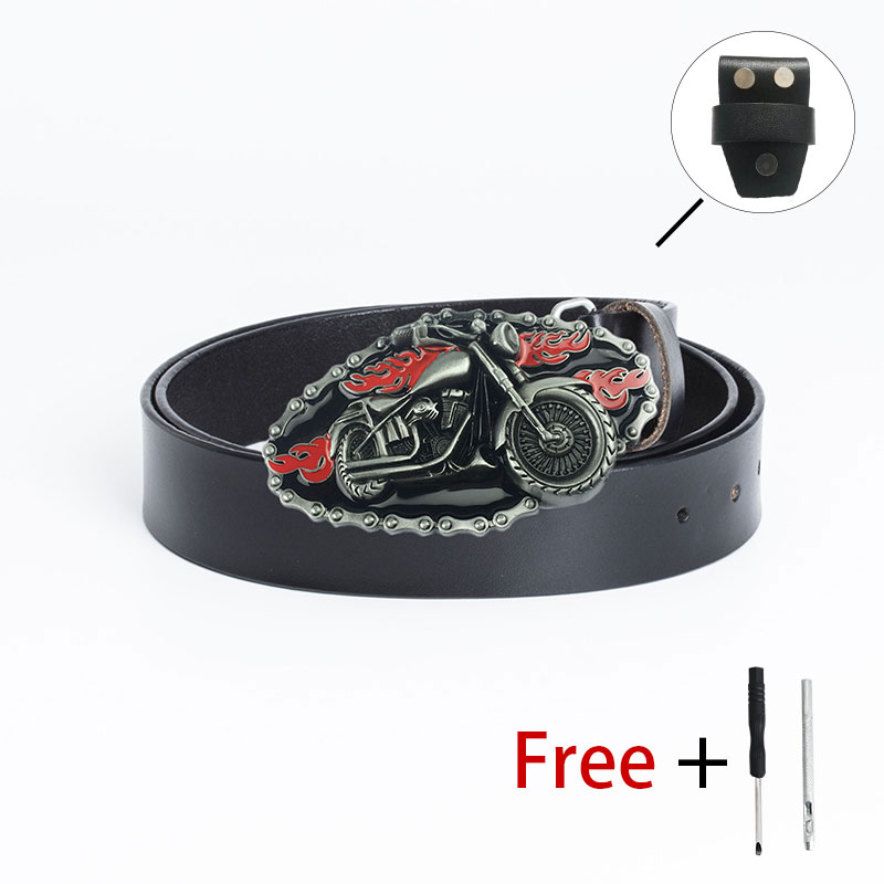 Black PU leather motorcycle belt buckle with flames, perfect for biker fashion enthusiasts and alternative style.
