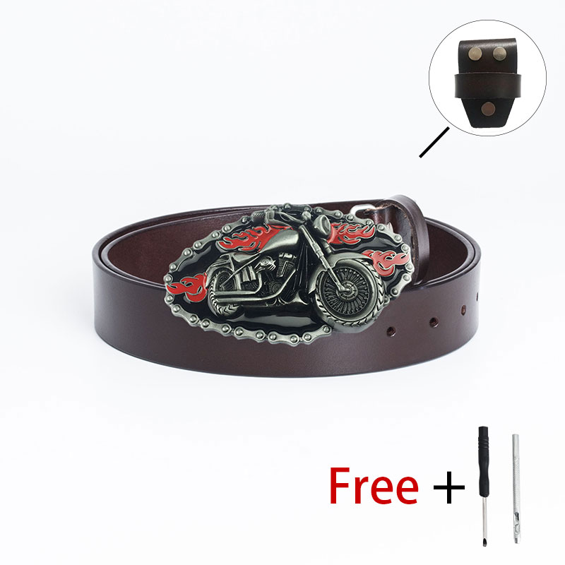 Stylish motorcycle belt buckle with flames on PU leather belt, perfect for alternative fashion and biker enthusiasts.