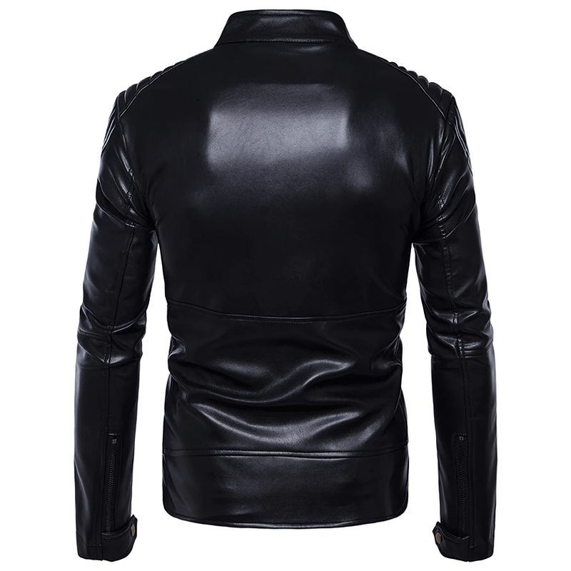 Back view of a stylish black PU leather motorcycle biker jacket for men, featuring trendy design and soft material.