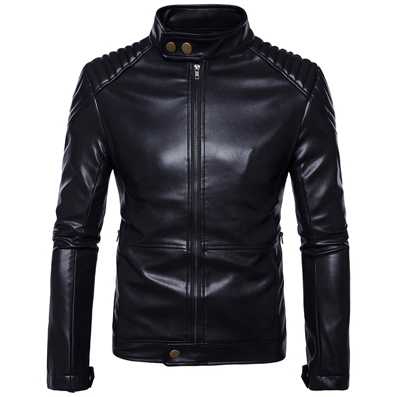 Men's black PU leather biker jacket with stand collar, stylish design and zipper closure.