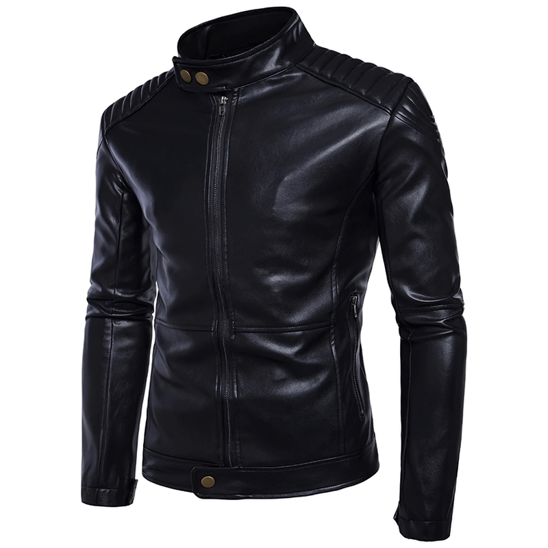 Motorcycle Biker Stand Collar Jackets for Men / Male Black Zipper Soft PU Leather Jackets