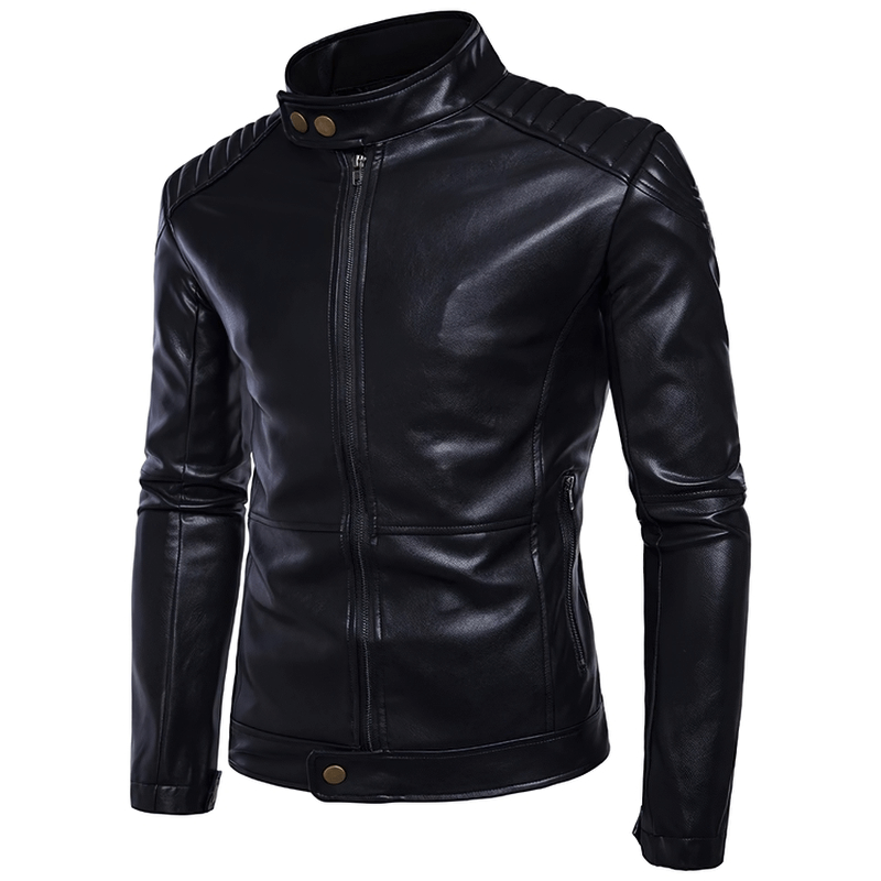 Men's black biker jacket in soft PU leather with stand collar and zipper, perfect for stylish casual or motorcycle wear.
