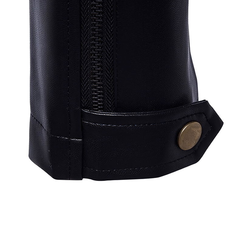 Close-up of the stylish cuff and zipper detail of a men's black PU leather biker jacket.