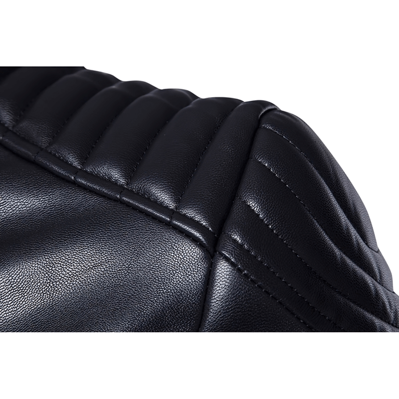 Close-up of motorcycle biker jacket detailing in black PU leather, showcasing stylish stitching and texture.