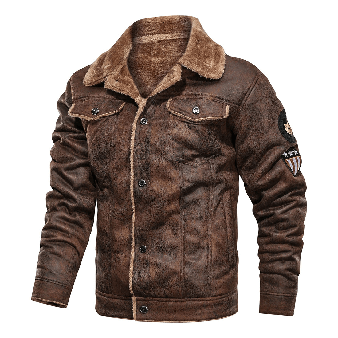 Stylish brown motorcycle jacket with faux fur collar and pockets for a trendy, casual look.