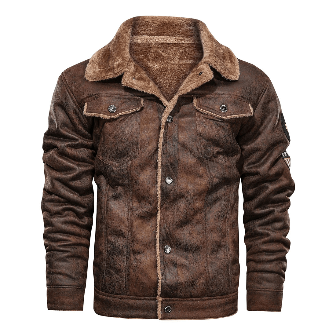Stylish brown cashmere motorcycle jacket with button pockets and shearling collar, perfect for casual outings.