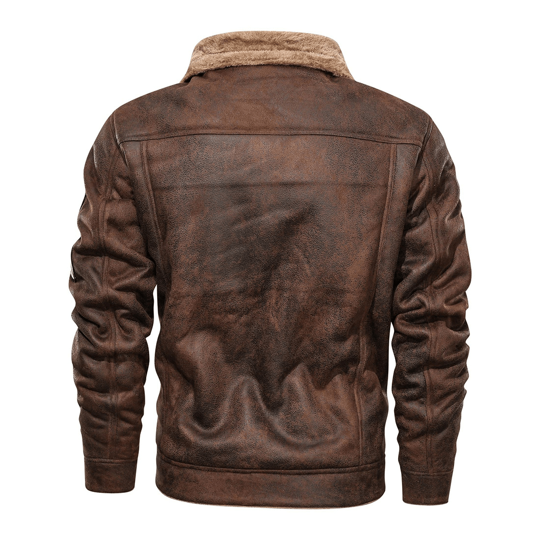 Back view of a stylish brown cashmere motorcycle jacket with a soft collar, perfect for casual wear and warmth.