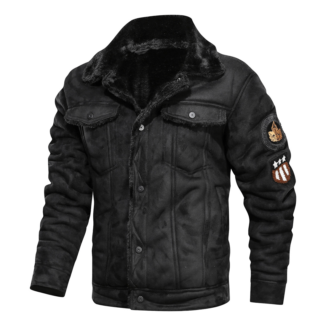 Stylish black motorcycle cashmere jacket without hood, featuring cozy inner lining and decorative patches.