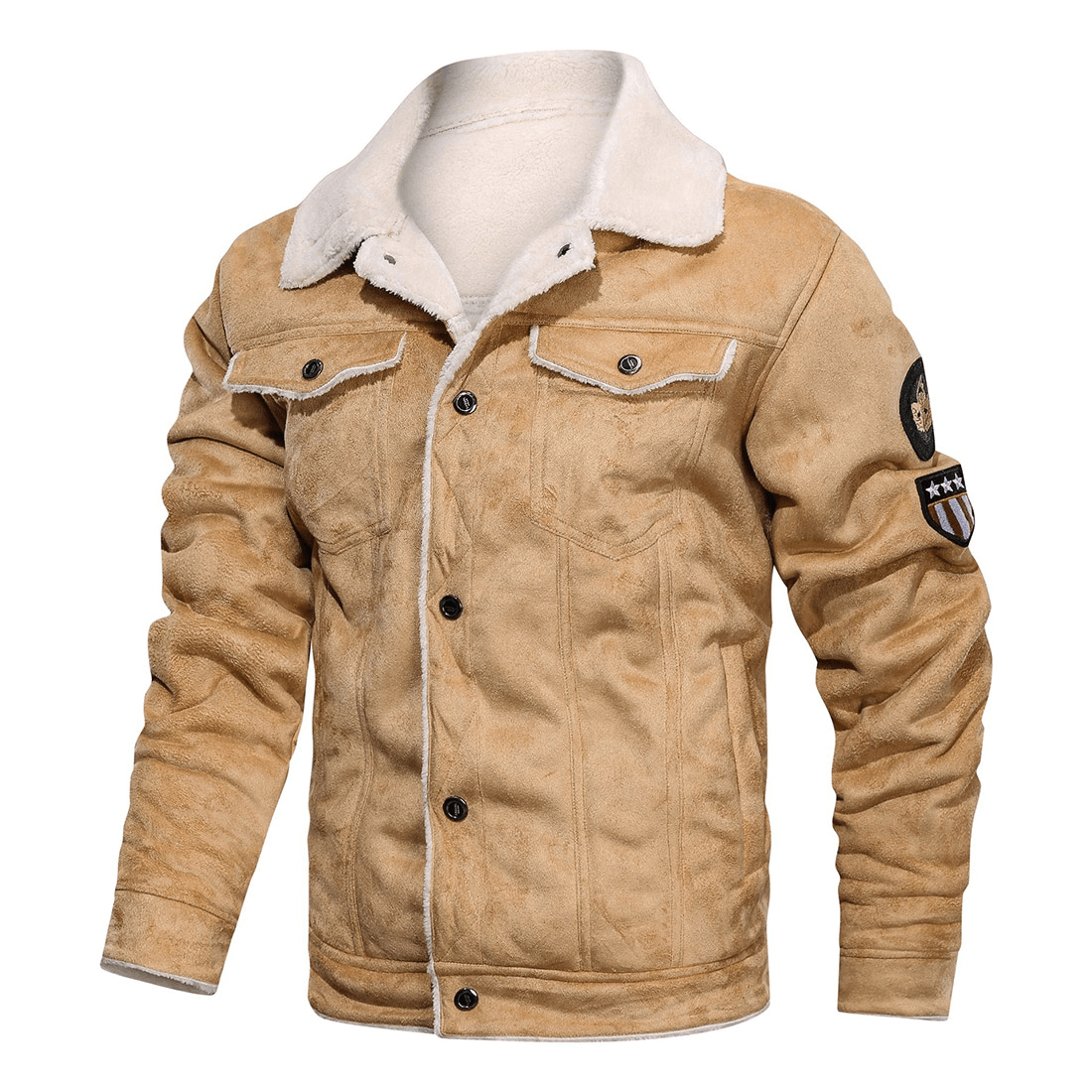 Warm cashmere motorcycle jacket without hood, stylish with buttons and pockets, perfect for casual wear.