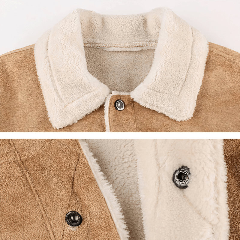 Close-up of cozy cashmere motorcycle jacket collar, featuring soft fleece lining and stylish button detail.