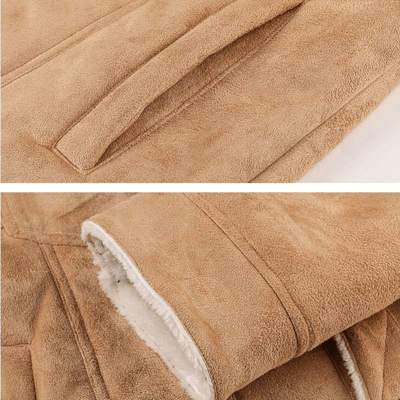 Close-up of warm cashmere jacket fabric and pocket design for casual motorcycle style.